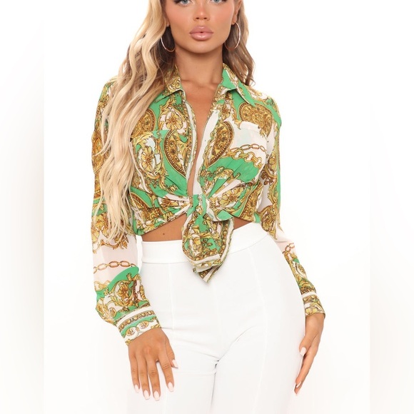 NWT Fashion Nova Crunching The Numbers Printed Shirt - Green/combo Size L - Picture 1 of 15